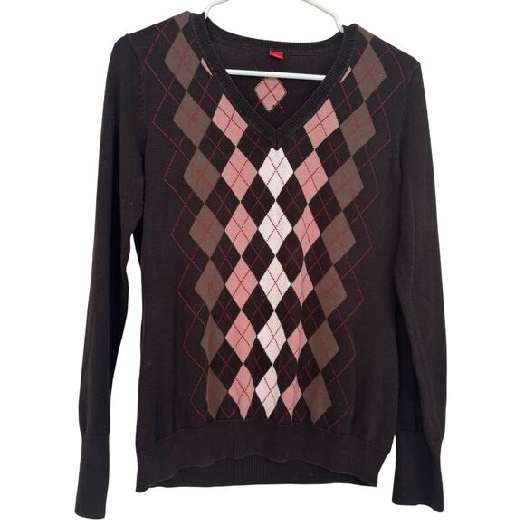 s. Oliver Sweaters - s. Oliver Women’s Brown/Pink Argyle V Neck Sweater Pullover Sz10 Academic Preppy